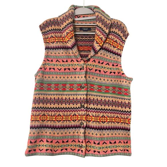 Chaps Ralph Lauren Sweater Vest •L• Southwestern Aztec Button Up Shawl Collar - Picture 1 of 8